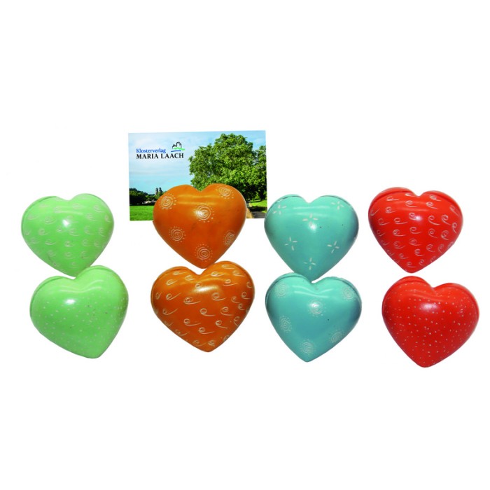 Speckstein-Kartenhalter Herz, 2 x 4 Farben gemischt, 4-5 cm, VE 8 Stück<span class=prodhide>831307</span>