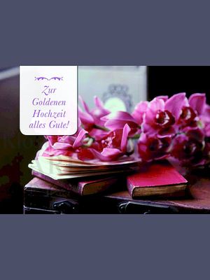 Zur Goldenen Hochzeit alles Gute (rote Blumen und Bücher auf Koffer)<span class=prodhide>350550</span>