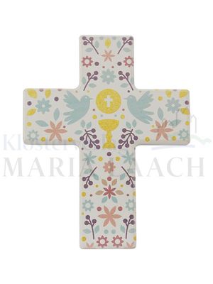 Kreuz Symbole Kelch / Brot / Tauben, Holz weiß, 9 x 7 cm<span class=prodhide>810122</span>