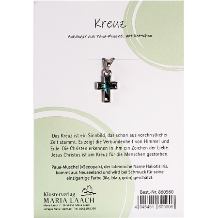 Halsanhänger Kreuz, Paua-Muschel, 1,5 x 1 cm, mit Kettchen<span class=prodhide>860560</span>