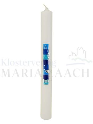 Kerze Türkis-Blau mit Alpha/Omega, Fisch/Wellen in silber, 400/40 mm<span class=prodhide>871045</span>