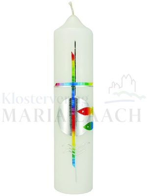 Kerze Kreuz / Taufsymbole regenbogenfarben auf silberner Scheibe, 265/60 mm<span class=prodhide>871227</span>