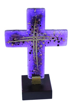 Glaskreuz auf Holzsockel, blau/silber,14 cm hoch<span class=prodhide>890194</span>